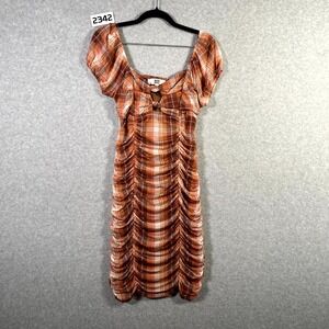 Madden NYC Bodycon Dress Womens Medium Brown Plaid Stretch Ruched Cocktails